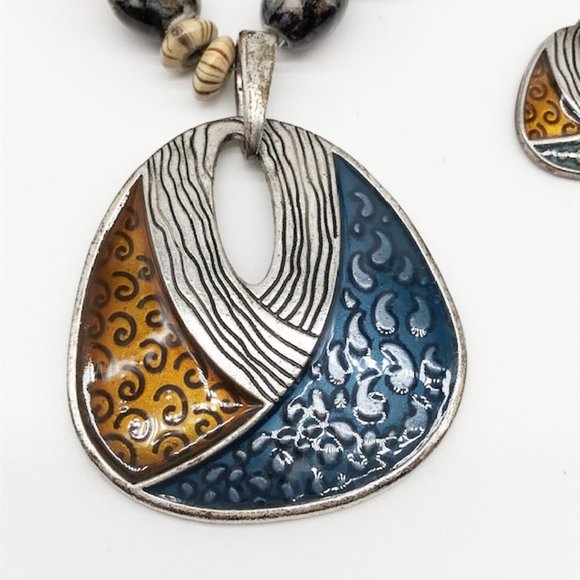 Vintage Artisan Enamel Pendant Necklace & Earrings Set with Ceramic Beads - Picture 2 of 11